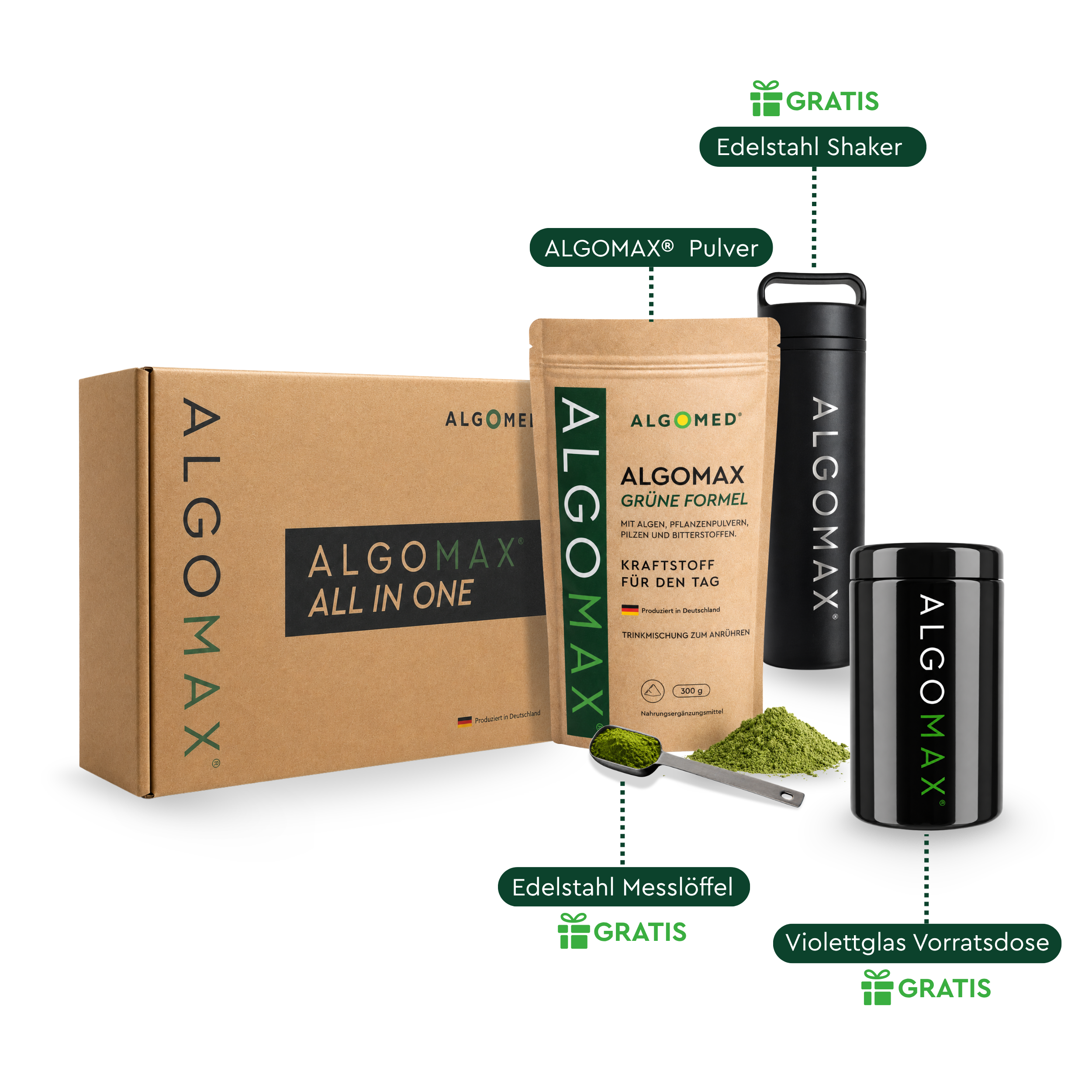 ALGOMAX Grüne Formel Einmaliger Kauf. Enthält: ALGOMAX Pulver 300g, Willkommenspaket GRATIS (Edelstahl Shaker, Edelstahl Messlöffel, Violettglas Vorratsdose).