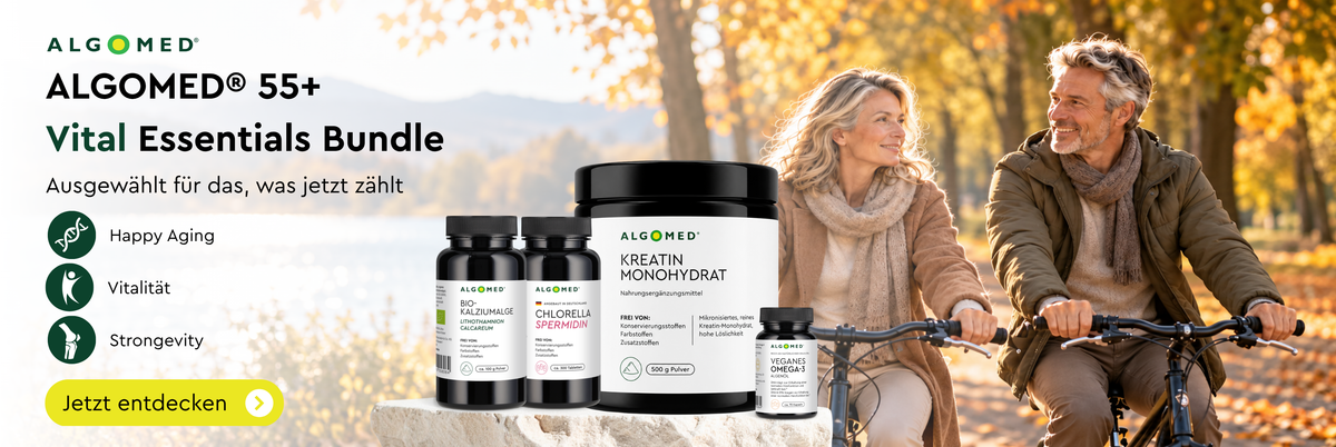 Algomed® 55+ Vital Essentials Bundle mit Omega-3, Kreatin, Spermidin und Kalziumalge – Nahrungsergänzung ab 55 für einen aktiven Lebensstil.