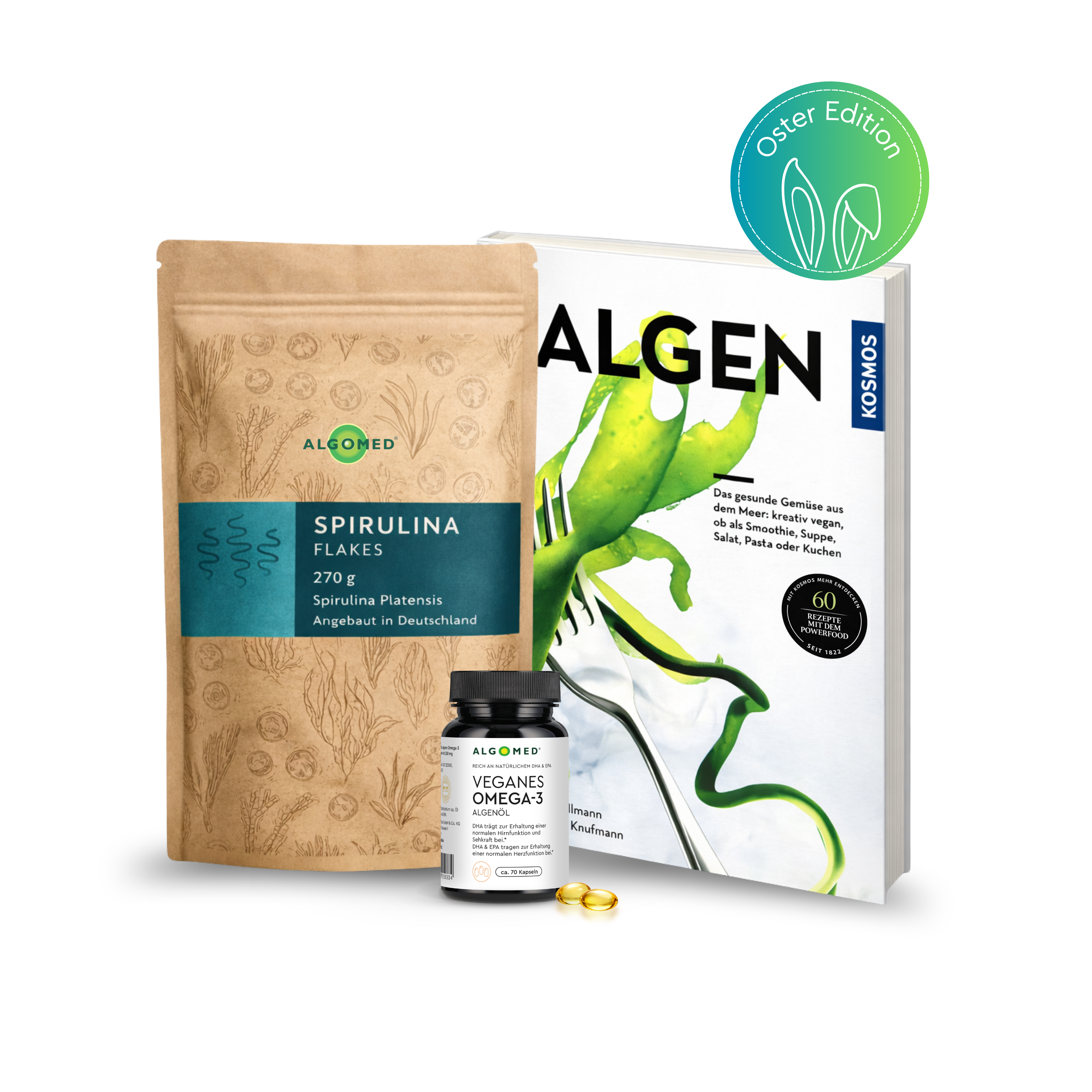 Algomed_Oster_Paket: Spirulina Flakes 270g, Veganes Omega-3-Kapseln 50g, Algen-Kochbuch 