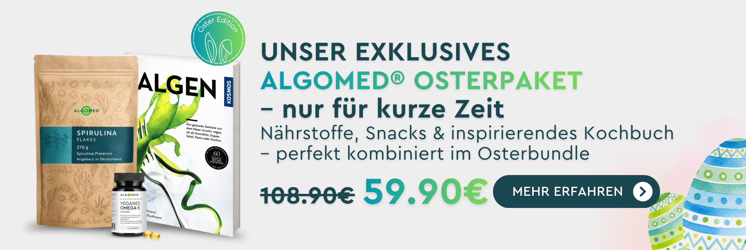 Unser exklusives Algomed Osterpaket - nur für kurze Zeit. Nährstoffe, Snacks und inspirierendes Kochbuch - perfekt kombiniert im Osterbundle.