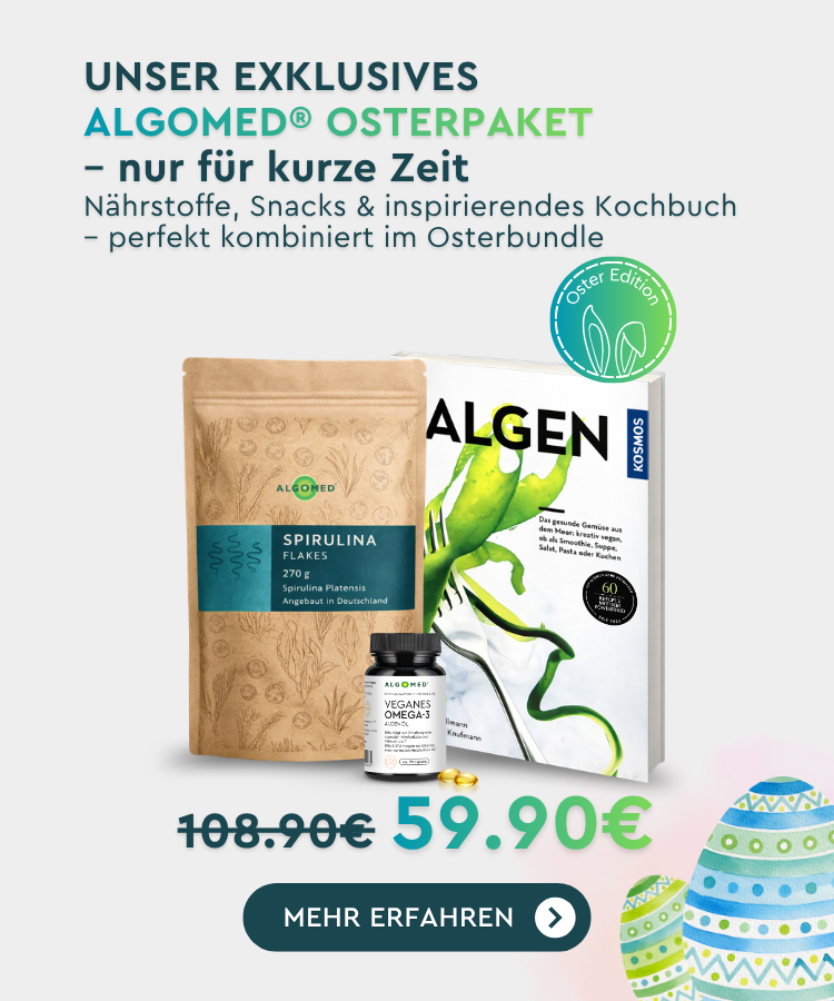 Unser exklusives Algomed Osterpaket - nur für kurze Zeit. Nährstoffe, Snacks und inspirierendes Kochbuch - perfekt kombiniert im Osterbundle.