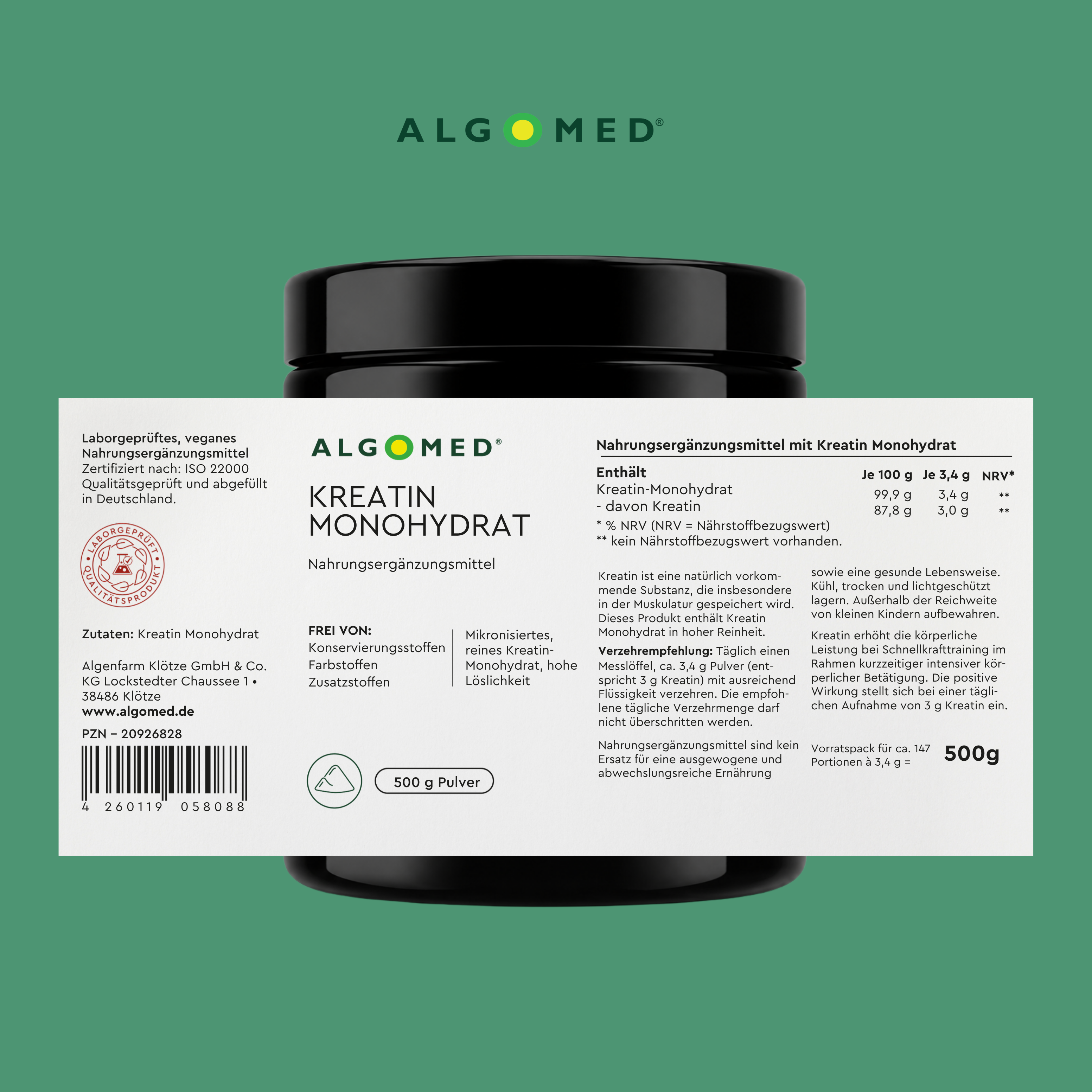 Algomed Kreatin Monohydrate 500g Inhaltstabelle