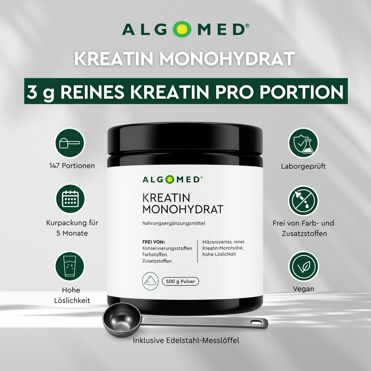 Algomed Kreatin Monohydrat 500g kaufen ,laborgeprüft , ohne Farb- und Zusatzstoffe und vegan.